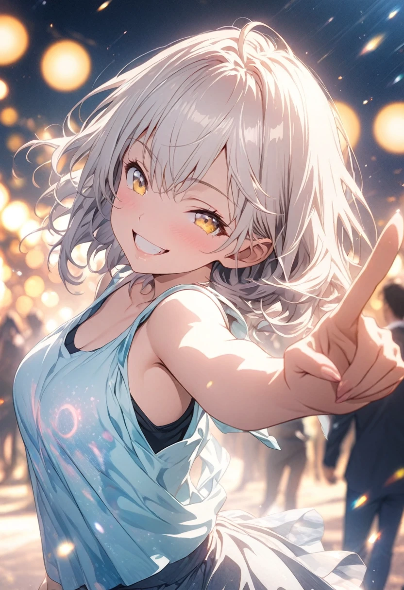 masterpiece, Highest quality, Highly detailed CG Unity 8K wallpapers, High School Girl Anime Illustration. Wear an oversized tank top、Love Dance Solo, Pointing index finger, she has her eyes closed and mouth open, smile. The background is a light pastel colored landscape.., white hair color, Yellow Eyes, bokeh photography, (soft focus):1.2, out-of-focus highlights, dreamy ambiance, glowing circles, mesmerizing depth, The background is realistic