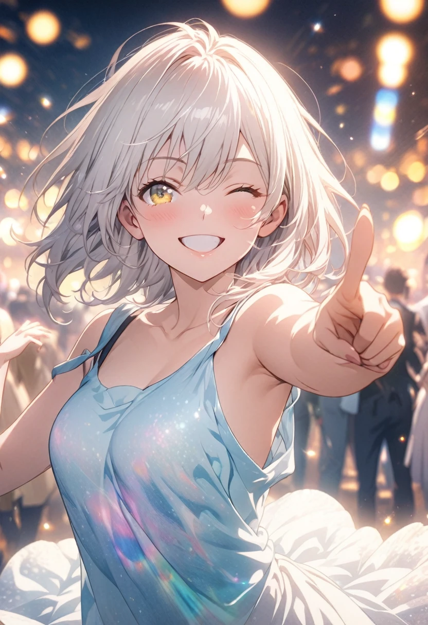 masterpiece, Highest quality, Highly detailed CG Unity 8K wallpapers, High School Girl Anime Illustration. Wear an oversized tank top、Love Dance Solo, Pointing index finger, she has her eyes closed and mouth open, smile. The background is a light pastel colored landscape.., white hair color, Yellow Eyes, bokeh photography, (soft focus):1.2, out-of-focus highlights, dreamy ambiance, glowing circles, mesmerizing depth, The background is realistic