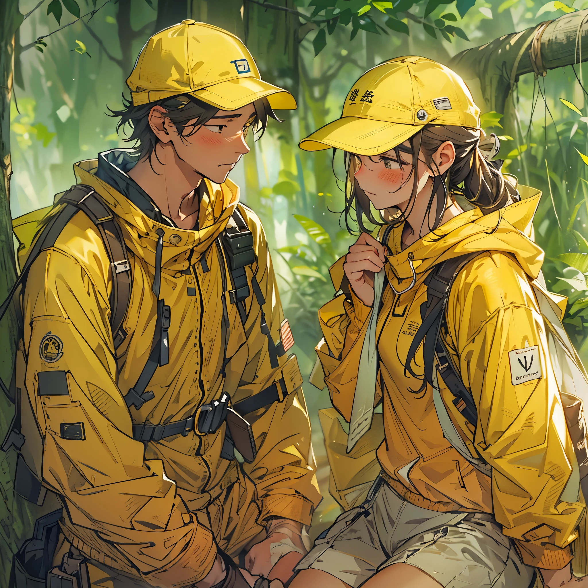 Inspired by the MBTI adventurer、A man and woman in yellow outfits blushing and feeling embarrassed。In a gentle atmosphere。