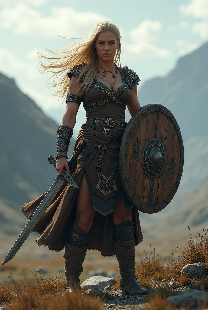 Norse shieldmaiden with blonde hair, holding a round wooden shield and a viking sword