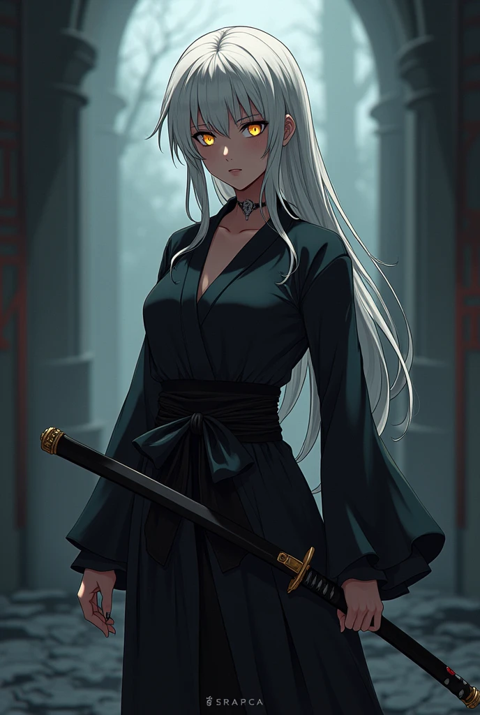 Anime-style assassin with white hair, dressed like a martial artist with a katana, golden eyes.