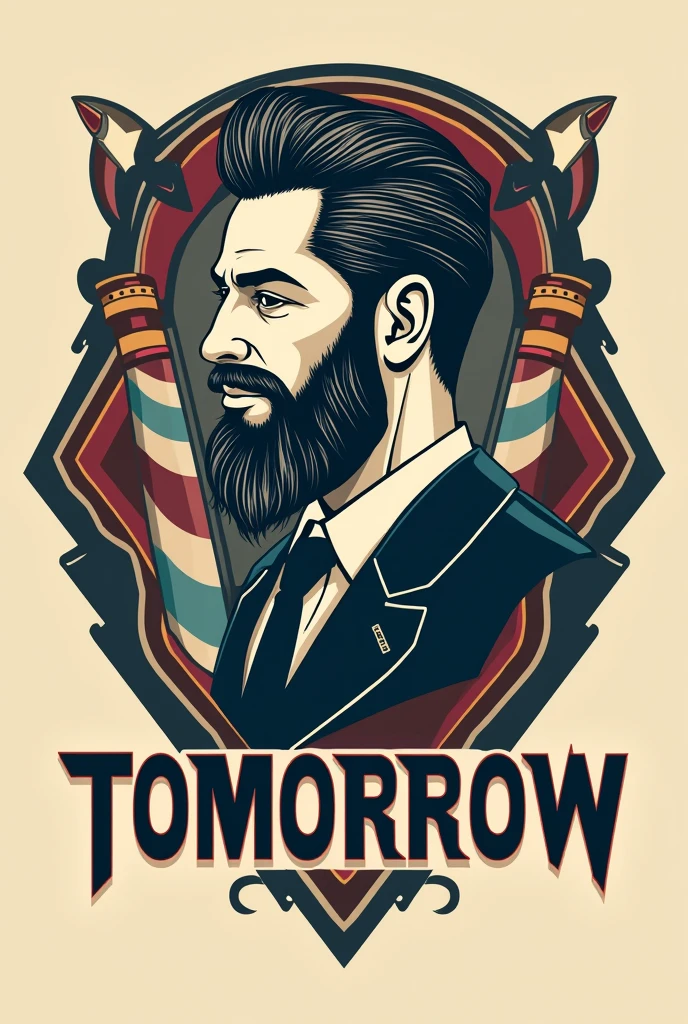 Create a retro futuristic barbershop logo for me based on the name "tomorrow".