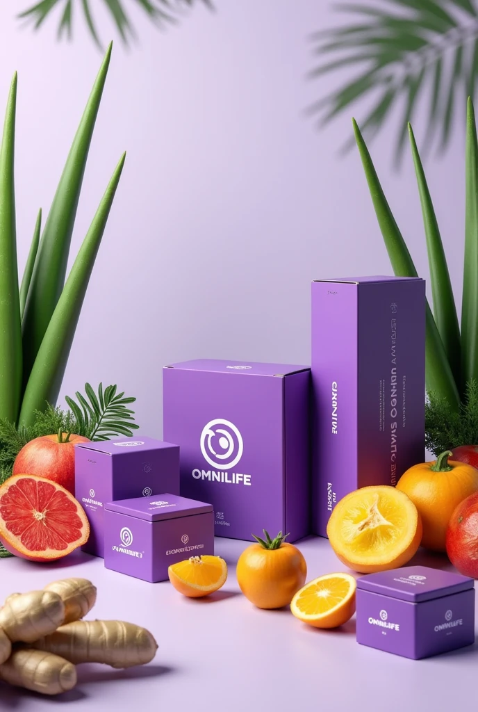 Show purple square boxes, with OMNILIFE logo and fruits and vegetables around , makeup jars with Seytu logo and aloe vera plants on one side , ginger and clear landscape