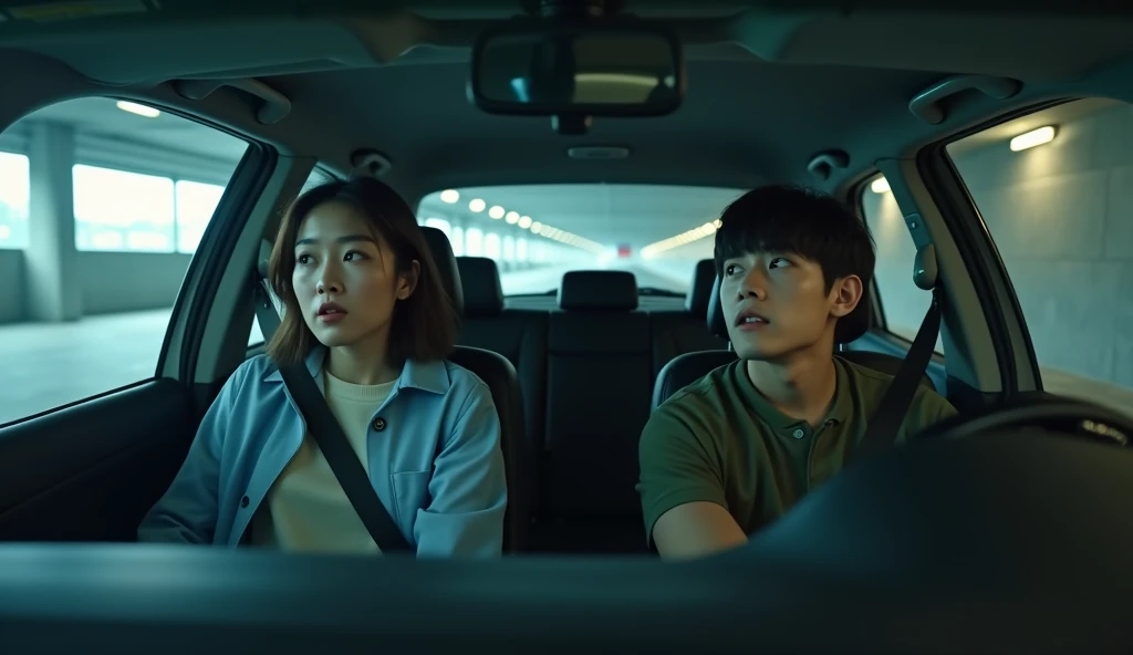 A Korean couple sitting in a car, looking up in panic, apartment parking garage, realistic lighting, cinematic style, daylight, cool tones,