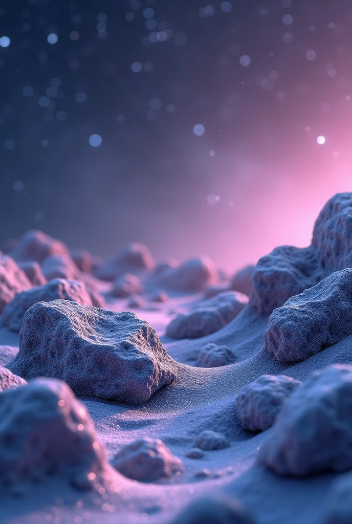 Stardust and moon rocks, the background is pastel purple/dark blue with stars