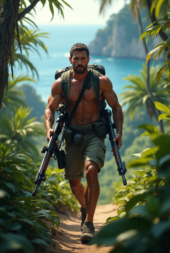 A person exploring from the jungle to the sea using weapons like rifles.