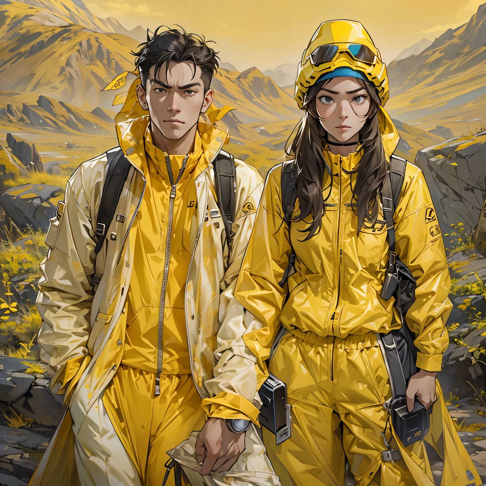 Inspired by the MBTI adventurer、A man and a woman in yellow outfits glaring coolly at the camera with serious faces。