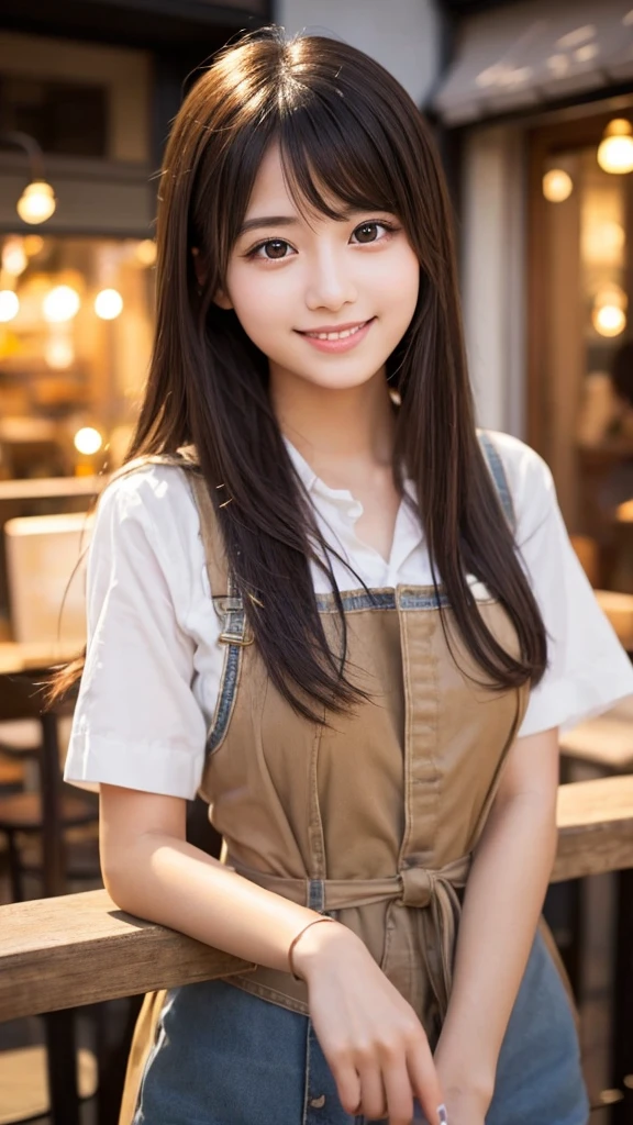 Cute girl working at a cafe terrace　Japanese　１９age　
Professional Lighting　Digital SLR　Beautiful and elaborate face　Perfect and beautiful face　Big eyes Smile