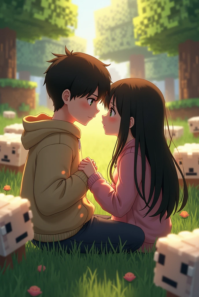 hermosa iluminación, couple touch hands, anime susume, girl hair black, girl 
hoodie cinamoroll , boy hair brown , love, minecraft sheeps, minecraft entorno