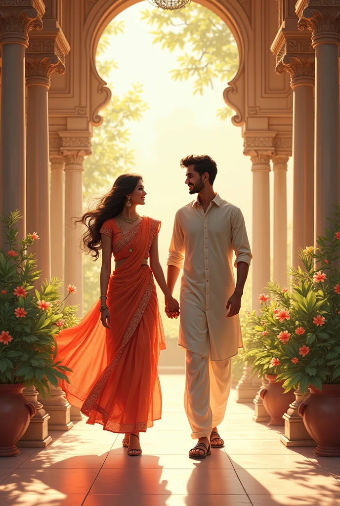 Beautiful southindian couples. Romantic walking . Illustration image. Romantic look and smile. Change the dress color. There are in palace