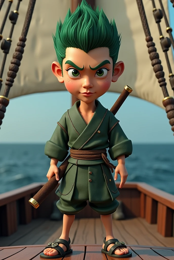 hyper realistic 4D caricature with a super big head, a young Indonesian man, a man with green hair, wearing a one peace character zoro outfit, and a pirate ship, solid gray background, smooth texture, carrying a sword, soft lighting