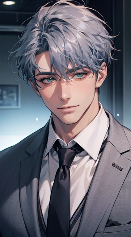 (Highest quality,4K,8K,High resolution,masterpiece:1.2),Super detailed,(Realistic,photoRealistic,photo-Realistic:1.37),1 person,31 years old,Mature Men,Beautiful skin、very handsome,Expressionless smile in love,Short gray blue hair,green eyes,Sharp Eyes,A perfect face without a doubt,Businessman,Office Background,Cinema Lighting,HDR image,tie、