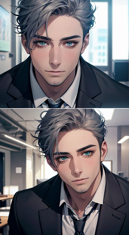 (Highest quality,4K,8K,High resolution,masterpiece:1.2),Super detailed,(Realistic,photoRealistic,photo-Realistic:1.37),1 person,31 years old,Mature Men,Beautiful skin、very handsome,Expressionless smile in love,Short gray blue hair,green eyes,Sharp Eyes,A perfect face without a doubt,Businessman,Office Background,Cinema Lighting,HDR image,tie、