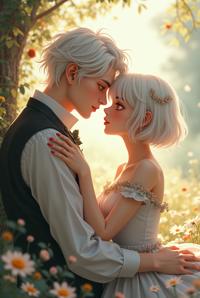 Create handsome boy with white hair and red eyes sit with a 16 years beautiful girl with white Short hair