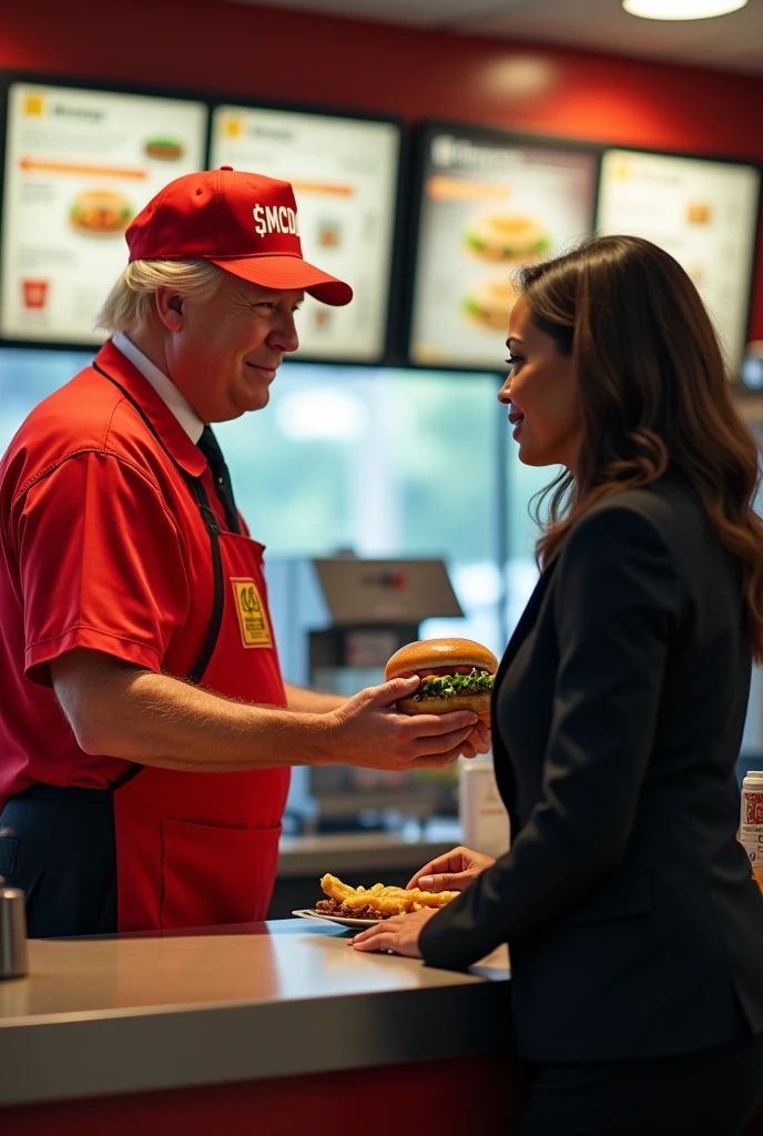 (Photorealistic) donald trump, working in a mcdonalds fast food restaurant, wearing a mcdonalds uniform, serving a burger across a counter to kamala harris wearing a black suit, Add logo "$MCDON" to hat worn by trump