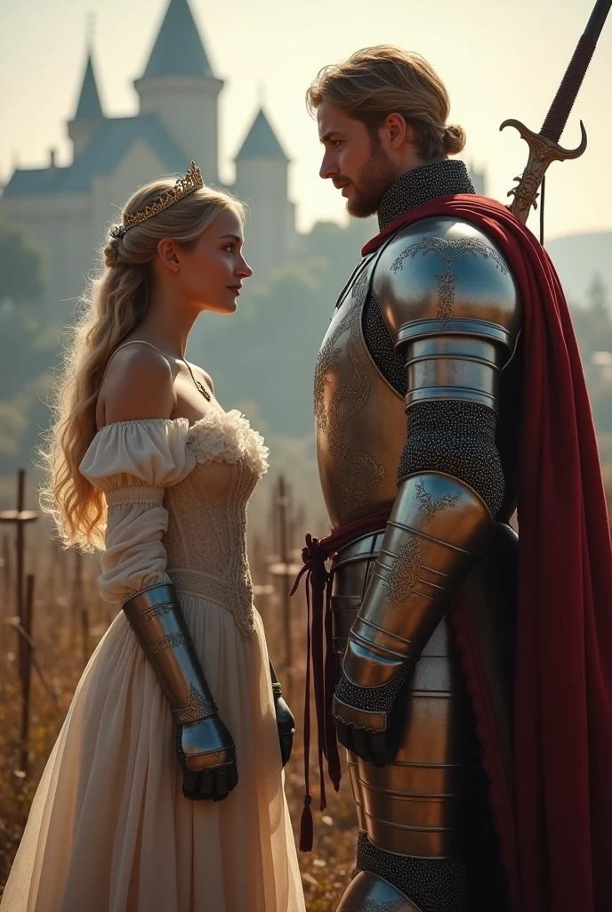 View your viewers, English Woman, Princess, 20-year-old, Blonde , Hair Bun , fringe, Beautiful Blue Eyes, A small smile, (Mid-cup bust, Slender Hoist, Middle Hip ),tiara , A scene of a medieval knight standing proudly in armor. The knight is wearing shining metal armor, Clad in armor, including bracers, foot armor, Exquisite Armor Detail, Chainmail and the like, Plate Armor, Decorative motifs, It needs to be prominently displayed, Brown laser-powered armor, (The knight holds a shield in one hand、A sword in the other、Hall々Standing。:1.5), Exuding courage and bravery. The background must evoke a medieval atmosphere, A castle and battlefield can be seen in the distance, Enhancing the noble and heroic presence of the knight