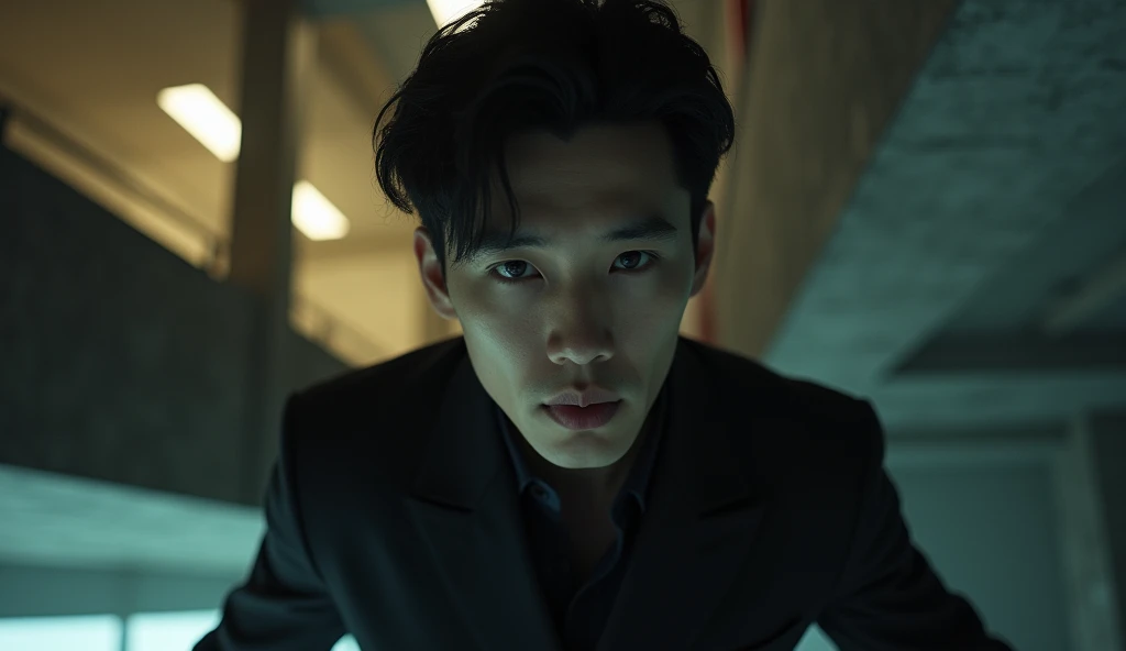 Handsome Korean man standing on the upper floor and looking down to viewer, low angle, inside the building, realistic lighting, cinematic style, closeup, 