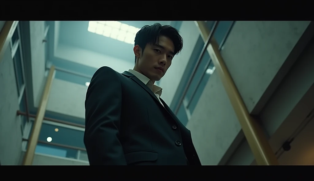 Handsome Korean man standing on the upper floor and looking down to viewer, low angle, inside the building, realistic lighting, cinematic style, closeup,