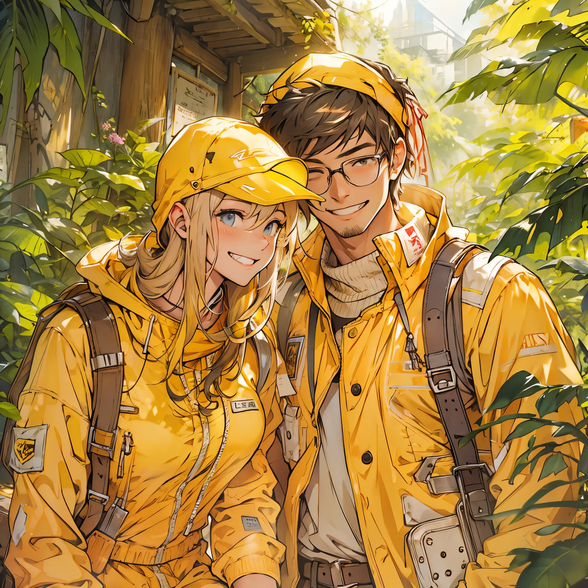 Inspired by the MBTI adventurer、A man and woman in yellow outfits smiling kindly。In a gentle atmosphere。