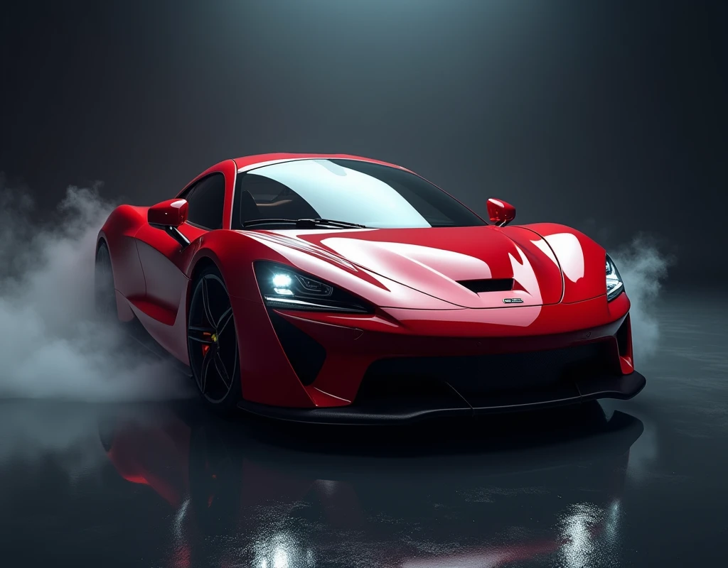 Create an image of a sleek, high-performance sports car in a professional studio setting. The car should be positioned at a slight angle to showcase its aerodynamic design, with the focus on its glossy finish, sharp lines, and intricate details of the front grille and headlights. The studio environment should feature dramatic, high-contrast lighting that highlights the car's contours, creating reflections on the polished surface. In the background, include a soft gradient backdrop transitioning from dark to light, enhancing the car's vibrant color. The floor should be a reflective, dark polished surface, mirroring the car to add depth to the composition. Subtle fog effects near the floor and controlled light flares should be used to add a sense of dynamic motion, while keeping the overall mood sleek and sophisticated.