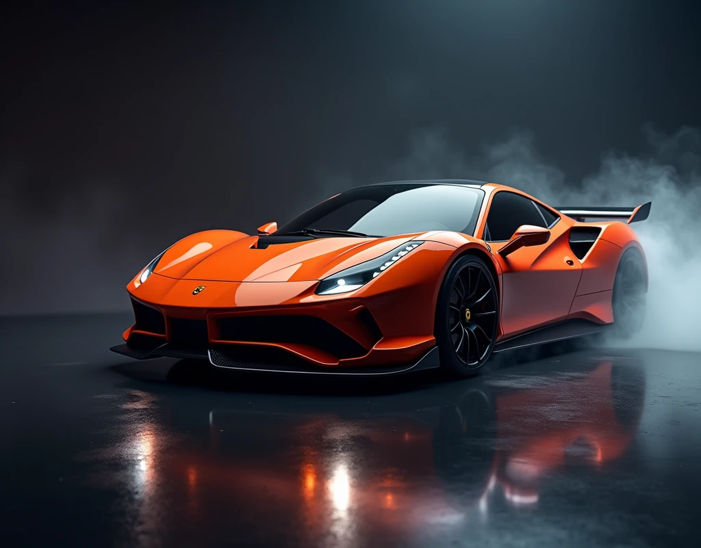 Create an image of a sleek, high-performance sports car in a professional studio setting. The car should be positioned at a slight angle to showcase its aerodynamic design, with the focus on its glossy finish, sharp lines, and intricate details of the front grille and headlights. The studio environment should feature dramatic, high-contrast lighting that highlights the car's contours, creating reflections on the polished surface. In the background, include a soft gradient backdrop transitioning from dark to light, enhancing the car's vibrant color. The floor should be a reflective, dark polished surface, mirroring the car to add depth to the composition. Subtle fog effects near the floor and controlled light flares should be used to add a sense of dynamic motion, while keeping the overall mood sleek and sophisticated.