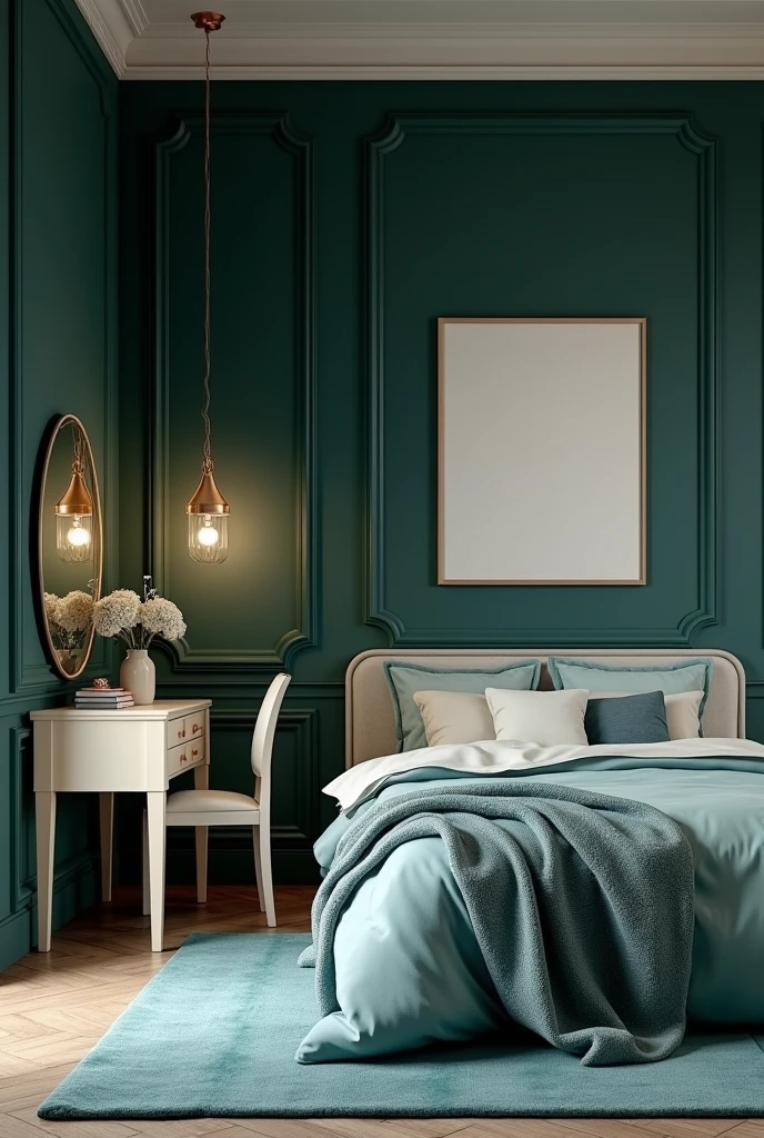 Professional 3d architecture rendering design of modern and Dark moss and white Thunder and light cream French design for bedroom and light blue Persian silk carpet and white painting wall and light cream makeup table
