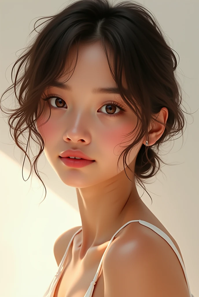 As a beautiful girl with brown eyes, pink lips, short hair, and bare brown skin.