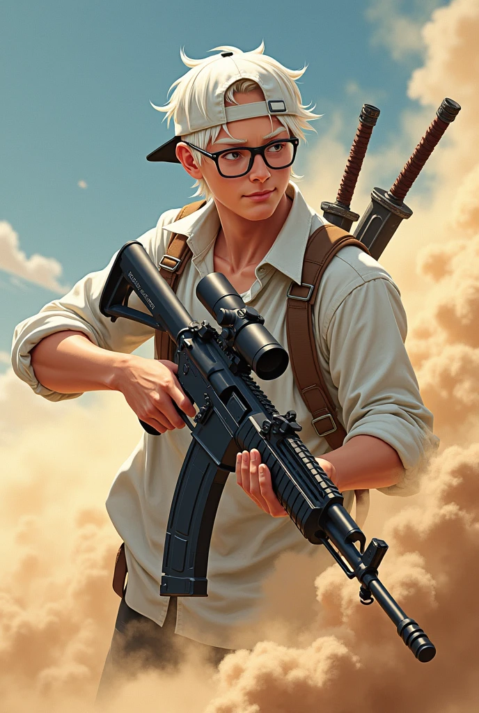 A young white man who controls sand holding an AK47 rifle with a scope and two swords on his back wearing Juliet glasses and a backwards cap being like a non-realistic anime