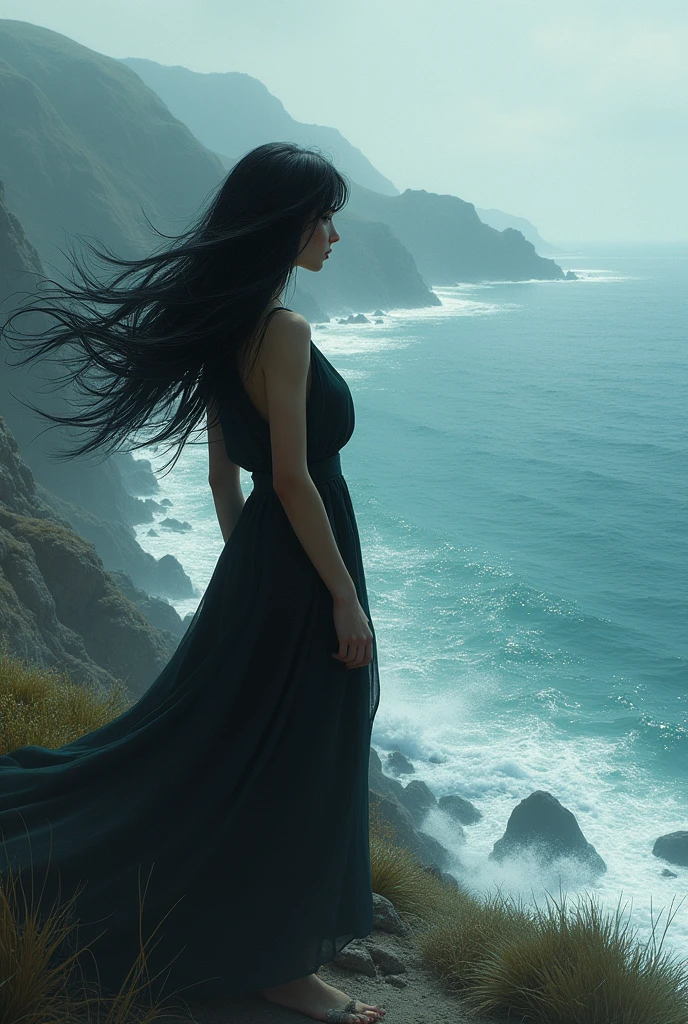 Black-haired woman admiring the sea.