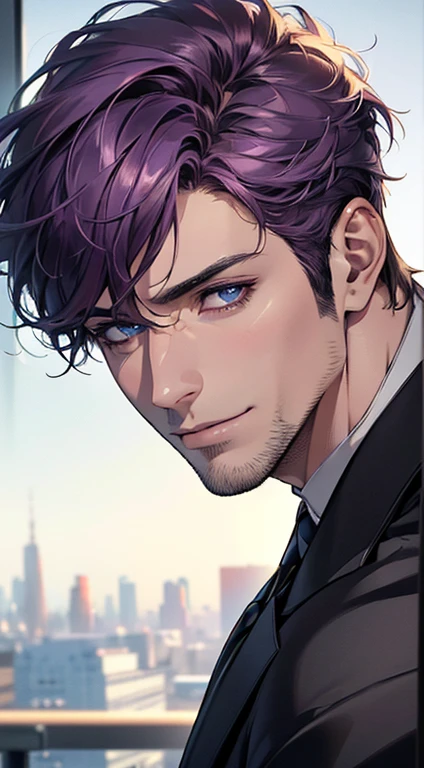 (best quality,4k,8k,highres,masterpiece:1.2),ultra-detailed,(realistic,photorealistic,photo-realistic:1.37),1 man,31 years old,mature man,very handsome,without expression,smile,short purple hair,blue eyes,penetrating gaze,perfect face without errors,imposing posture,businessman,office background,cinematic lighting,hdr image