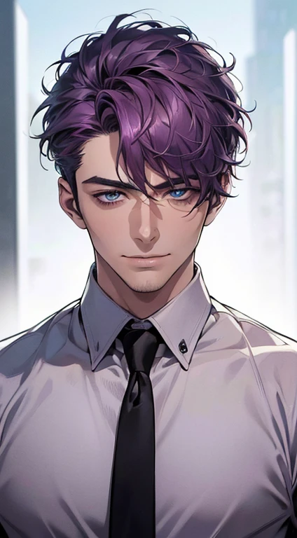 (best quality,4k,8k,highres,masterpiece:1.2),ultra-detailed,(realistic,photorealistic,photo-realistic:1.37),1 man,31 years old,mature man,very handsome,without expression,smile,short purple hair,blue eyes,penetrating gaze,perfect face without errors,imposing posture,businessman,office background,cinematic lighting,hdr image