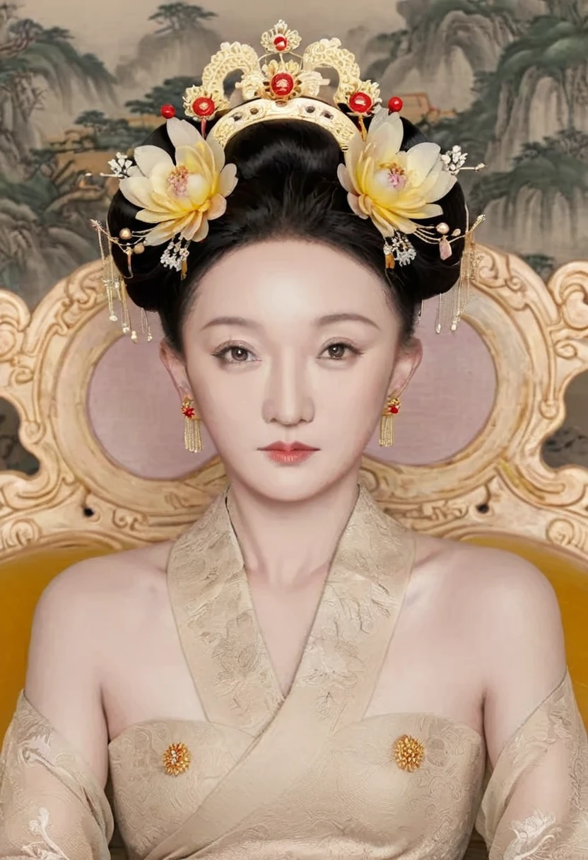 A full-body portrait of a Qing Dynasty Empress sitting naked on a large golden sofa in the palace., Empress of the Qing Dynasty, Wearing a large crown, She is completely naked, Showing off gorgeous large flowers and hairpins, She tied her hair up and pulled it up, 背景はEmpress of the Qing Dynastyの豪華な宮殿.