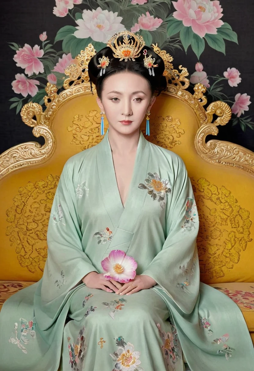 A full-body portrait of a Qing Dynasty Empress sitting naked on a large golden sofa in the palace., Empress of the Qing Dynasty, Wearing a large crown, She is completely naked, Showing off gorgeous large flowers and hairpins, She tied her hair up and pulled it up, 背景はEmpress of the Qing Dynastyの豪華な宮殿.