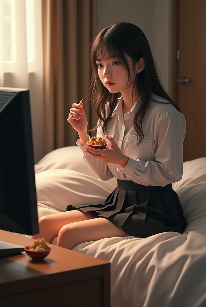 (photorealism:1.2), beautiful women, wearing school uniform, watching tv, sitting at bed, eating some snacks, relax pose, realistic, intricate details, warm colors, realistic, ultra realistic, 4k picture, textured skin,