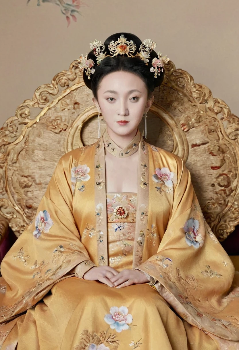 A full-body portrait of a Qing Dynasty Empress sitting naked on a large golden sofa in the palace., Empress of the Qing Dynasty, Wearing a large crown, She is completely naked, Showing off gorgeous large flowers and hairpins, She tied her hair up and pulled it up, 背景はEmpress of the Qing Dynastyの豪華な宮殿.