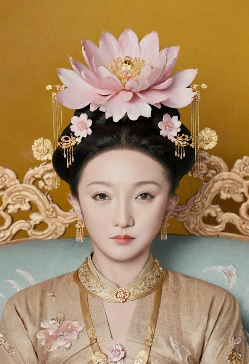 A full-body portrait of a Qing Dynasty Empress sitting naked on a large golden sofa in the palace.,  Empress of the Qing Dynasty, Wearing a large crown, She is completely naked, Showing off gorgeous large flowers and hairpins, She tied her hair up and pulled it up, 背景はEmpress of the Qing Dynastyの豪華な宮殿.