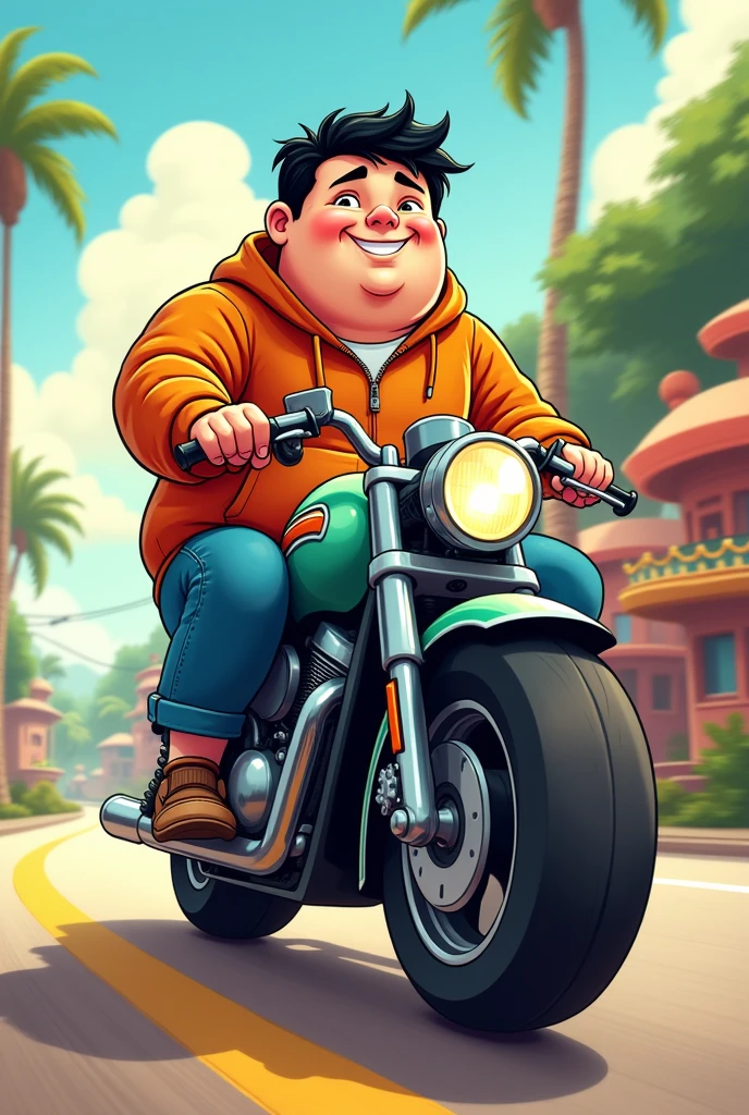 Create a 25 year old white guy, black haired and short and fat, riding a motorcycle without a helmet in cartoon. 
