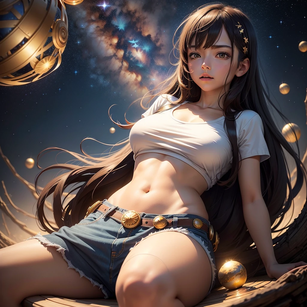 spherical body,Create a portrait image featuring a young woman, wearing three white t-shirts and blue denim shorts, seated in a meditative pose, floating in the air. The centerpiece is a glowing, golden, spherical tree, forming a circle. The branches and roots are adorned with golden and silver leaves. The background should feature a tranquil lake reflecting the night sky, studded with stars and showcasing the Milky Way galaxy. In the distance, there should be a shadowy mountain range beneath the stars., The atmosphere is serene and luxurious..
