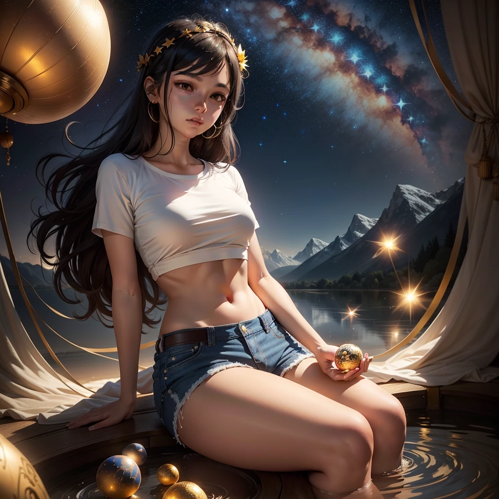 spherical body,Create a portrait image featuring a young woman, wearing three white t-shirts and blue denim shorts, seated in a meditative pose, floating in the air. The centerpiece is a glowing, golden, spherical tree, forming a circle. The branches and roots are adorned with golden and silver leaves. The background should feature a tranquil lake reflecting the night sky, studded with stars and showcasing the Milky Way galaxy. In the distance, there should be a shadowy mountain range beneath the stars., The atmosphere is serene and luxurious..
