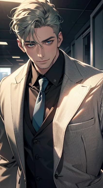 (best quality,4k,8k,highres,masterpiece:1.2),ultra-detailed,(realistic,photorealistic,photo-realistic:1.37),1 man,31 years old,mature man,very handsome,without expression,smile,short grey green hair,blue eyes,penetrating gaze,perfect face without errors,imposing posture,businessman,office background,cinematic lighting,hdr image