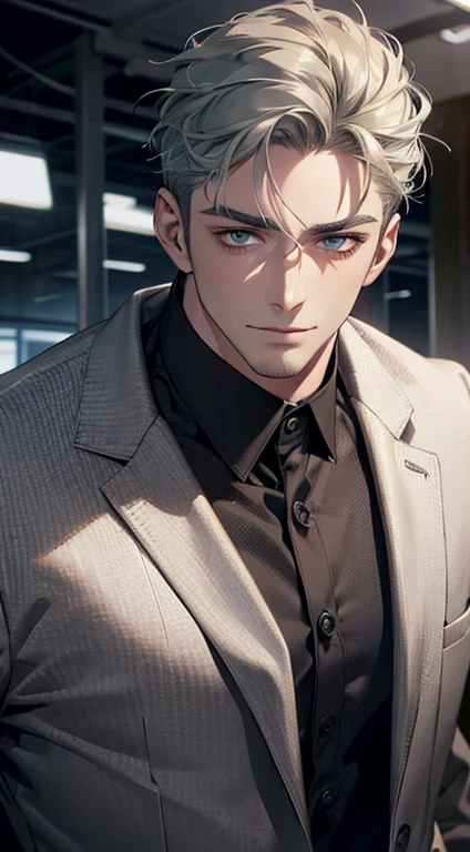 (best quality,4k,8k,highres,masterpiece:1.2),ultra-detailed,(realistic,photorealistic,photo-realistic:1.37),1 man,31 years old,mature man,very handsome,without expression,smile,short grey green hair,blue eyes,penetrating gaze,perfect face without errors,imposing posture,businessman,office background,cinematic lighting,hdr image
