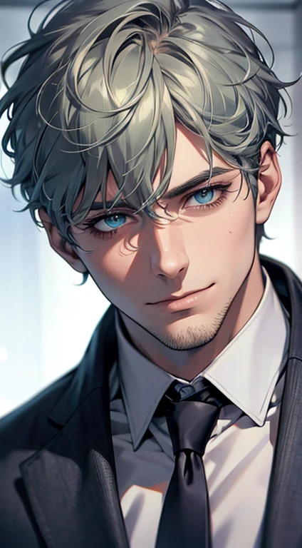 (best quality,4k,8k,highres,masterpiece:1.2),ultra-detailed,(realistic,photorealistic,photo-realistic:1.37),1 man,31 years old,mature man,very handsome,without expression,smile,short grey green hair,blue eyes,penetrating gaze,perfect face without errors,imposing posture,businessman,office background,cinematic lighting,hdr image