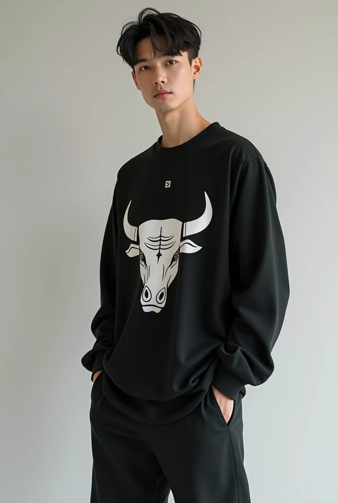 A 30-year-old man wearing a black long-sleeved shirt with a bull pattern, black shorts, and black shoes.