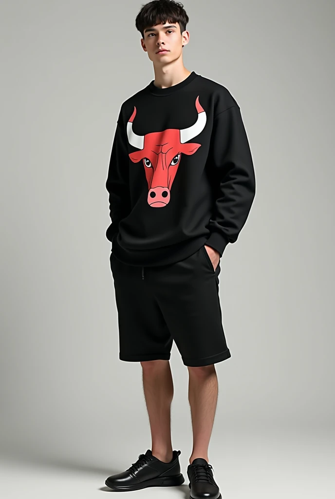 A 30-year-old man wearing a black long-sleeved shirt with a bull pattern, black shorts, and black shoes.