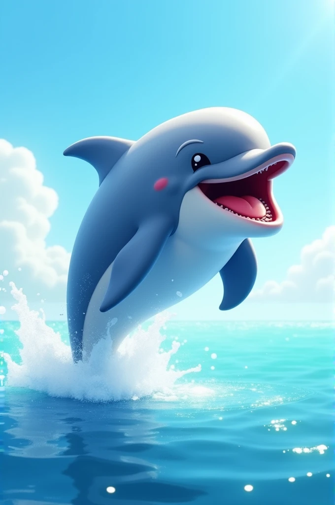 A dolphin jumping from the water and splashing it in a sunny day and whole photo is animated and that dolphin is laughing in a funny way