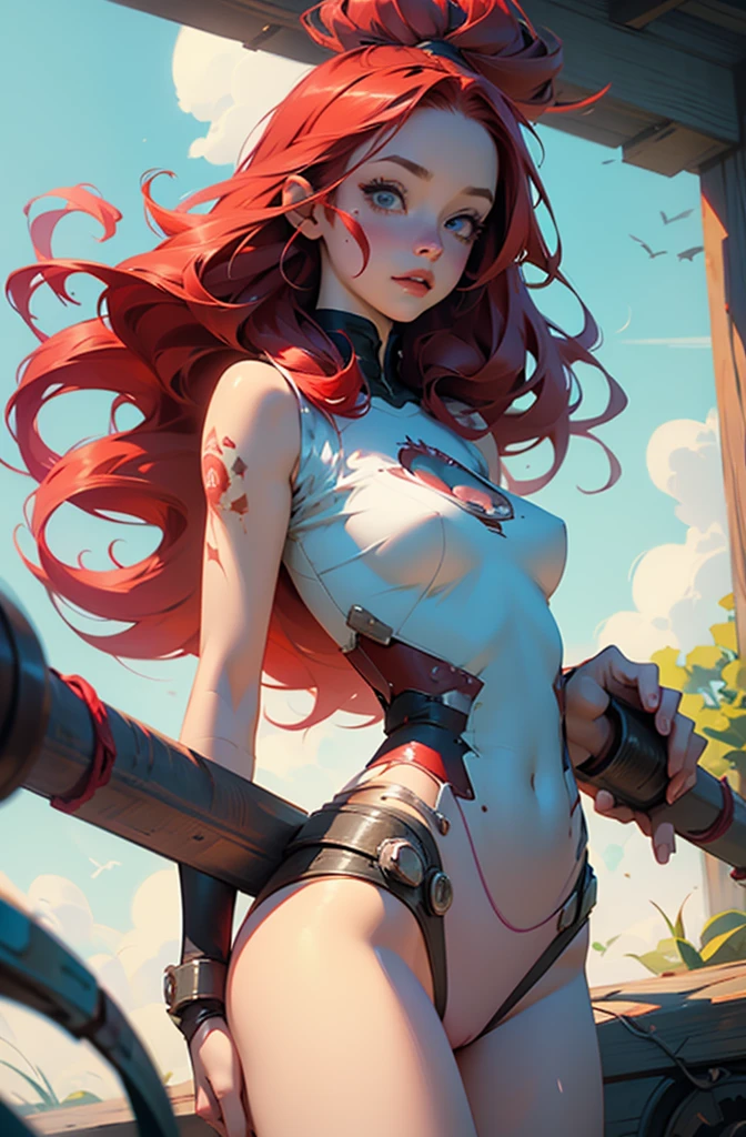 cute red haired woman, with bouncing  and cute pink bottom exposed in the style of Tony Sandoval and Ashley Woods art.
