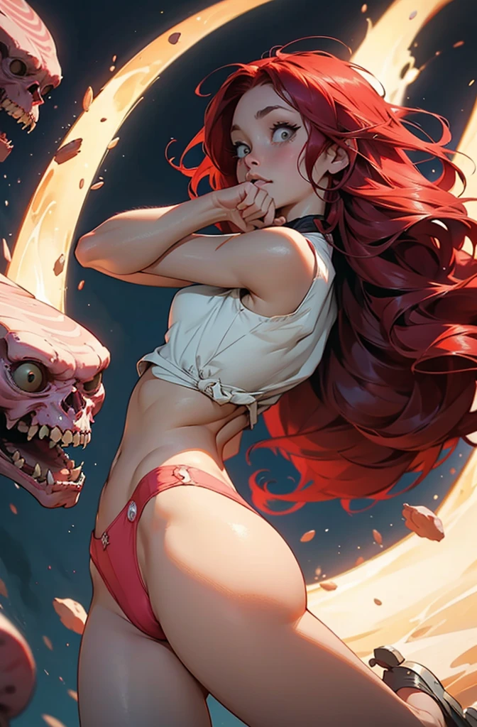 cute red haired woman, with bouncing breasts and cute pink bottom exposed in the style of Tony Sandoval and Ashley Woods art.
