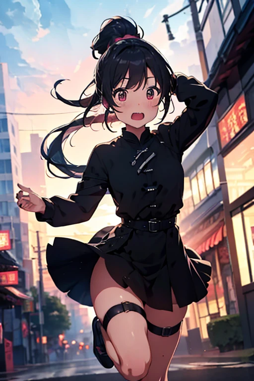 One person, High resolution, ponytail, Anatomically correct, Textured skin, Ultra high definition, ponytail, Slanted Eyes,Active,Black Chinese Dress,Gloss,Blurred, Background blur, Crazy Eyes, fullbody portrait