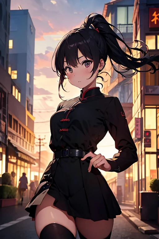 One person, High resolution, ponytail, Anatomically correct, Textured skin, Ultra high definition, ponytail, Slanted Eyes,Active,Black Chinese Dress,Gloss,Blurred, Background blur, Crazy Eyes, fullbody portrait