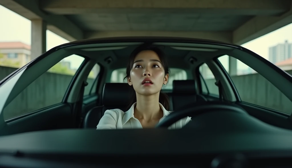A bautiful Korean woman sitting in a car, looking up in panic, apartment parking garage, realistic lighting, cinematic style, daylight,